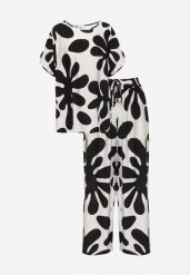 Czarny Komplet z Wiskozy Bluzka z Falbankami i Szerokie Spodnie w Liście Thalla. Czarne bluzki damskie Born2be, l, bez wzorów, z materiału. Za 89.99 zł.