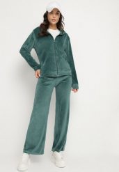 Zielony Komplet Dresowy z Weluru Taliowana Bluza i Szerokie Spodnie Meandra. Zielone bluzy damskie Born2be, s, z aplikacjami, z dresówki, bez kaptura. Za 79.99 zł.