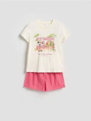 Dwuczęściowa piżama z nadrukiem - czerwony. Czerwone piżamy damskie Reserved, l, bez wzorów, z bawełny, bez ramiączek. Za 109.99 zł.