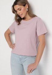 Różowy Gładki T-shirt z Bawełny o Klasycznym Kroju Natime. Czerwone bluzki damskie Born2be, uniwersalny, bez wzorów, z bawełny, klasyczne, bez kołnierzyka. Za 39.99 zł.
