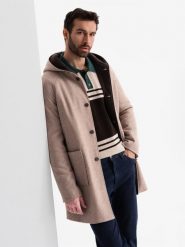 Melanżowy długi męski płaszcz z kapturem – beżowy V2 - Rozmiar: XL. Brązowe płaszcze męskie Ombre Clothing, na zimę, m, bez wzorów, z materiału, eleganckie, długie, z kapturem. W wyprzedaży za 449.99 zł.