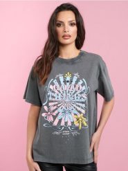 Koszulka z nadrukiem - szary. Szare t-shirty damskie Sinsay, l, bez wzorów, z bawełny, bez kołnierzyka. W wyprzedaży za 9.99 zł.