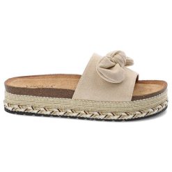 Klapki damskie Vinceza, na grubej platformie profilowane z kokardką materiałowe, beżowe, 16495-BE. Brązowe sandały damskie VINCEZA, z aplikacjami, z materiału, bez obcasa, na platformie, bez zapięcia. Za 99.99 zł.