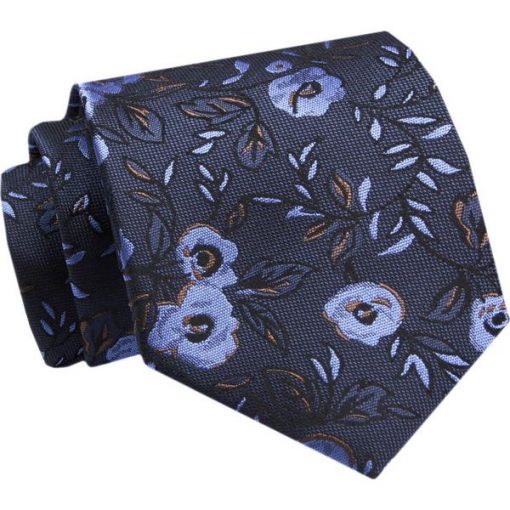 Krawat - ALTIES - Niebieskie Kwiaty, Granatowe Tło. Niebieskie krawaty i muchy Alties, bez wzorów, z tkaniny, eleganckie. Za 49.00 zł.