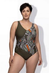 Damskie Strój kąpielowy efekt kopertowy miękkie miseczki ozdobne taśmy. Zielone kostiumy jednoczęściowe damskie Ulla Popken, plus size, bez wzorów, z elastanu, eleganckie, plus size, do pływania. Za 191.99 zł.