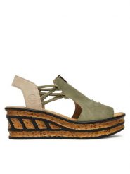 Rieker Sandały 68175-52 Zielony. Zielone sandały damskie Rieker, bez wzorów, z materiału, bez obcasa, na koturnie, bez zapięcia. Za 319.99 zł.