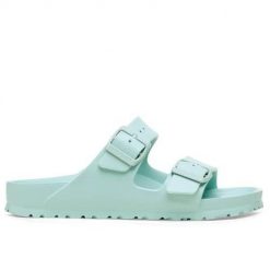 Klapki damskie Birkenstock Arizona Eva. Niebieskie klapki damskie Birkenstock, bez wzorów, z materiału, klasyczne, bez obcasa. Za 344.00 zł.