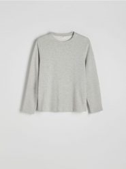 Longsleeve regular w prążek - jasnoszary. Szare bluzki z długim rękawem męskie Reserved, l, bez wzorów, z bawełny, bez kołnierzyka. W wyprzedaży za 49.99 zł.