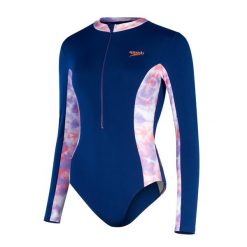 Damski 1-częściowy kostium kąpielowy z długim rękawem Speedo. Fioletowe kostiumy jednoczęściowe damskie Speedo, l, bez wzorów, z materiału, eleganckie, do pływania. Za 310.55 zł.