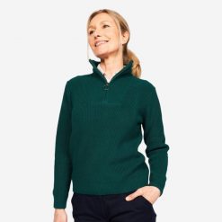 Second Life - Sweter do golfa damski Inesis MW500 z półsuwakiem - Stan Dobry. Zielone swetry damskie INESIS, xl, bez wzorów, z bawełny, bez kołnierzyka, bez ramiączek, długie, bez kaptura. Za 74.99 zł.