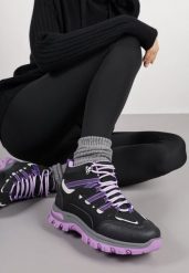 Czarno-Fioletowe Sznurowane Buty Trekkingowe Traperki Vices na Grubej Podeszwie Afertie. Czarne obuwie sportowe damskie Born2be, bez wzorów, z jeansu, wspinaczkowe. Za 99.99 zł.