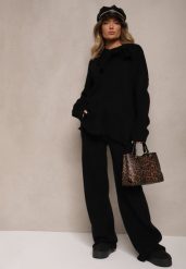 Czarny Komplet Oversize z Dzianiny Sweter z Wiązaniem i Spodnie o Szerokim Kroju Emmige. Czarne spodnie materiałowe damskie Renee, l, bez wzorów, z dzianiny, eleganckie, bez kołnierzyka, bez ramiączek, bez kaptura. Za 169.99 zł.