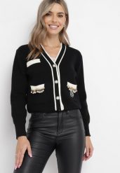 Czarny Kardigan z Wiskozy i Łańcuszkami Seime. Czarne kardigany damskie Born2be, bez wzorów, z jeansu, eleganckie, bez kołnierzyka, bez ramiączek, bez kaptura. Za 149.99 zł.