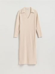 Dzianinowa sukienka z wiskozą - beżowy. Brązowe sukienki damskie Reserved, na co dzień, l, bez wzorów, z dzianiny, bez kołnierzyka, bez ramiączek, maxi, proste. Za 139.99 zł.