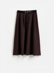 Spódnica midi z wełną - ciemnobrązowy. Brązowe spódnice damskie Reserved, l, bez wzorów, z tkaniny, midi, rozkloszowane. Za 179.99 zł.