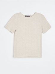Koszulka z ozdobnymi przeszyciami, z domieszką wiskozy - beżowy. Brązowe t-shirty damskie Sinsay, l, bez wzorów, z wiskozy, bez kołnierzyka. Za 29.99 zł.