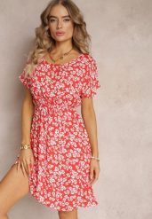 Czerwona Wiskozowa Mini Sukienka w Kwiatowy Print z Gumką w Pasie Frolia. Czerwone sukienki damskie Renee, l, bez wzorów, z wiskozy, bez kołnierzyka, bez ramiączek, mini. Za 39.99 zł.