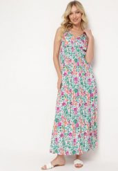 Zielono-Niebieska Letnia Sukienka z Wiskozy w Kwiatki z Ozdobnymi Ramiączkami i Gumką w Pasie Triagena. Zielone sukienki damskie Born2be, na imprezę, na lato, l, bez wzorów, z materiału, bez kołnierzyka, bez ramiączek, maxi. Za 69.99 zł.