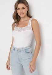 Biały Top z Bawełny Ozdobiony Koronkową Wstawką Arithara. Białe bluzki damskie Born2be, l, bez wzorów, z bawełny, eleganckie, bez kołnierzyka, bez ramiączek. Za 19.99 zł.