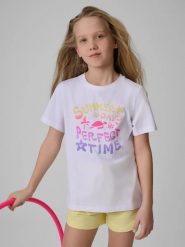 T-shirt regular z nadrukiem dziewczęcy 4F 4FJRSS26TTSHF3913. Białe t-shirty i topy dla dziewczynek 4f, bez wzorów, z bawełny, bez ramiączek. Za 34.99 zł.