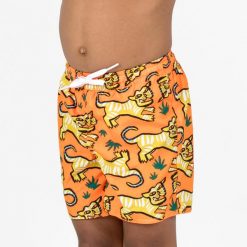 Spodenki surfingowe dla dzieci Olaian 100 Tiger. Brązowe kąpielówki dla chłopców Decathlon, bez wzorów, z poliesteru, krótkie. Za 29.99 zł.