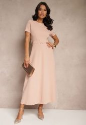 Różowa Sukienka o Rozkloszowanym Kroju z Ozdobnym Paskiem Desiliena. Czerwone sukienki damskie Renee, na spotkanie biznesowe, m, bez wzorów, z denimu, eleganckie, bez kołnierzyka, bez ramiączek, maxi, kopertowe. Za 99.99 zł.