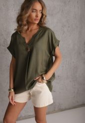 Zielona Bluzka z Lnem i Wiskozą o Nietoperzowym Kroju z Krótkim Rękawem Herira. Zielone bluzki damskie Renee, na lato, l, z aplikacjami, z bawełny, casualowe, bez kołnierzyka, bez ramiączek. Za 69.99 zł.