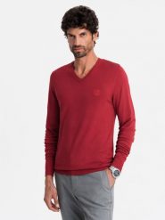 Męski elegancki sweter V-neck BASIC z wiskozą – czerwony V20 OM-SWBS-0107 - XXL. Czerwone swetry przez głowę męskie Ombre Clothing, l, bez wzorów, z dzianiny, bez kołnierzyka. W wyprzedaży za 89.99 zł.