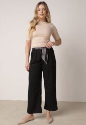 Czarne Eleganckie Spodnie z Bawełny i Wiskozy z Materiałowym Paskiem-Apaszką Vetina. Czarne szaliki i chusty damskie Born2be, bez wzorów, z bawełny, biznesowe. Za 79.99 zł.