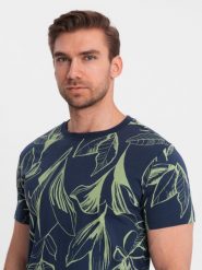 T-shirt męski fullprint w kontrastowe liście - granatowy V5 OM-TSFP-0180 - S. Niebieskie t-shirty męskie Ombre Clothing, m, bez wzorów, z bawełny, bez kołnierzyka. W wyprzedaży za 39.99 zł.