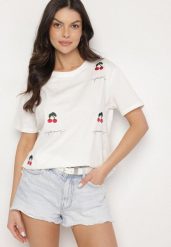 Biały Bawełniany T-shirt Zdobiony Haftem z Motywem w Wiśnie Nevianira. Białe bluzki damskie Born2be, m, z aplikacjami, z bawełny, bez kołnierzyka. Za 39.99 zł.
