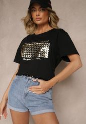 Czarny T-shirt z Bawełny z Naszytymi Cekinami Avenelli. Czarne bluzki damskie Renee, xl, bez wzorów, z bawełny, eleganckie, bez kołnierzyka. Za 39.99 zł.