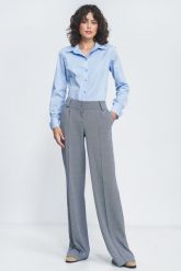 Spodnie Wide Leg w Jodełkę - Granatowe. Spodnie materiałowe damskie Nife, l, bez wzorów, z materiału, z podwyższonym stanem. Za 295.90 zł.