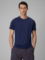 4F Koszulka treningowa regular szybkoschnąca męska - granatowa XXL. Niebieskie koszulki sportowe męskie 4f, m, bez wzorów, ze skóry, sportowe, bez kołnierzyka. Za 89.99 zł.