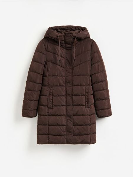 Pikowana kurtka - ciemnobrązowy. Brązowe kurtki damskie Reserved, l, bez wzorów, z tkaniny, bez kaptura. Za 159.99 zł.