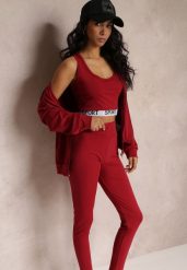 Czerwony 3-częściowy Komplet Legginsy z Gumką w Talii z Topem i Bluzą z Kapturem Lineta. Czerwone bluzy damskie Renee, m, bez wzorów, krótkie, na fitness i siłownię. Za 74.99 zł.