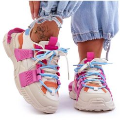 PS1 Damskie Modne Buty Sportowe Sznurowane Beżowo-Różowe Chillout! beżowy. Brązowe obuwie sportowe damskie bez wzorów, ze skóry. Za 240.34 zł.