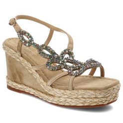 Beżowe Sandały Alma En Pena Eleganckie Obuwie Damskie Na Koturnie. Brązowe klapki damskie Alma en Pena, bez wzorów, z jeansu, bez obcasa, na koturnie, bez zapięcia. Za 429.00 zł.