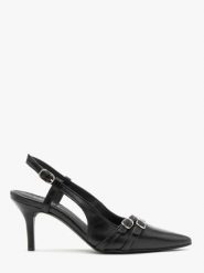 Czółenka slingback z dekoracyjnymi paskami. Czarne czółenka damskie Ryłko, bez wzorów, z gumy, bez obcasa, na szpilce, bez zapięcia. Za 429.99 zł.