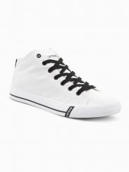 Buty męskie trampki z kontrastującymi elementami - białe V1 - Rozmiar: 41. Białe trampki męskie Ombre Clothing, bez wzorów, z materiału, sportowe, za kostkę, bez zapięcia. W wyprzedaży za 139.99 zł.