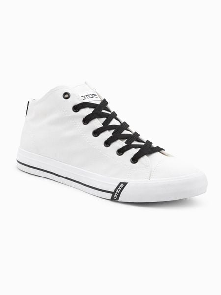 Buty męskie trampki z kontrastującymi elementami - białe V1 - Rozmiar: 41. Białe trampki męskie Ombre Clothing, bez wzorów, z materiału, sportowe, za kostkę, bez zapięcia. W wyprzedaży za 139.99 zł.