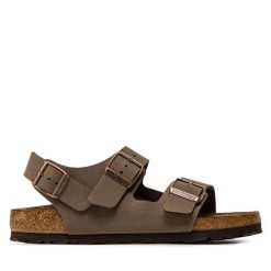 Sandały Birkenstock. Brązowe klapki damskie Birkenstock, bez wzorów, bez obcasa, na płaskiej podeszwie, bez zapięcia. Za 499.99 zł.