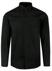 Elegancka Koszula Męska - VICTORIO - Slim - Czarna. Czarne koszule męskie Victorio, m, bez wzorów, z bawełny, eleganckie, bez kołnierzyka, bez ramiączek. Za 145.00 zł.
