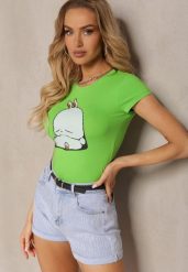 Jasnozielony T-shirt z Bawełny z Ozdobnym Nadrukiem Janesto. Zielone bluzki damskie Renee, na lato, m, bez wzorów, z bawełny, bez kołnierzyka, bez ramiączek. Za 39.99 zł.