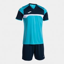 Zestaw koszulka i spodenki Joma Danubio III. Niebieskie krótkie spodenki sportowe męskie Joma, l, bez wzorów, z materiału, na fitness i siłownię. Za 74.74 zł.