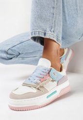 Biało-Różowe Sneakersy na Platformie z Ozdobnym Sznurowaniem Awidea. Białe obuwie sportowe damskie Born2be, bez wzorów, z jeansu. Za 49.99 zł.