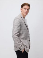 Marynarka slim fit z lnem - beżowy. Brązowe marynarki męskie Reserved, bez wzorów, z bawełny. W wyprzedaży za 219.99 zł.
