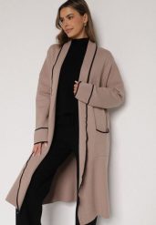 Beżowy Długi Niezapinany Kardigan Ozdobiony Lamówką Veritusa. Brązowe kardigany damskie Born2be, uniwersalny, bez wzorów, z jeansu, klasyczne, długie. Za 119.99 zł.