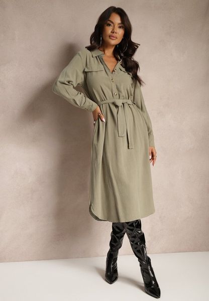 Zielona Sukienka z Bawełny o Koszulowym Kroju Wiązana w Talii Zinrose. Zielone sukienki damskie Renee, na co dzień, l, bez wzorów, z bawełny, eleganckie, bez kołnierzyka, bez ramiączek, midi, koszulowe. Za 119.99 zł.