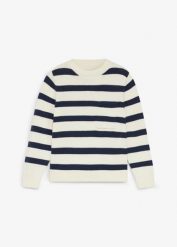 Sweter w paski z grubej dzianiny z czystej bawełny. Białe swetry dla chłopców bonprix, bez wzorów, z bawełny, bez kołnierzyka, bez kaptura. Za 79.99 zł.
